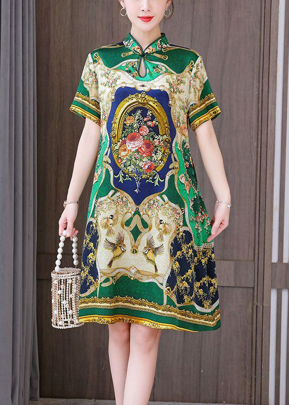 Chinese Style Green Print Mandarin Collar Silk A Line Dress Summer LC0212