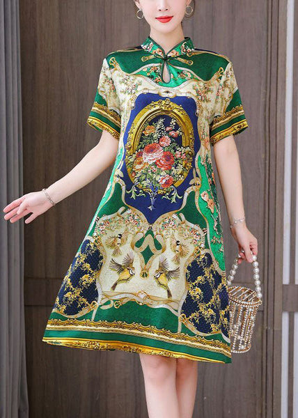 Chinese Style Green Print Mandarin Collar Silk A Line Dress Summer LY1682
