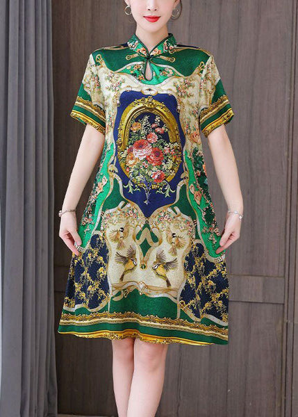 Chinese Style Green Print Mandarin Collar Silk A Line Dress Summer LY1682