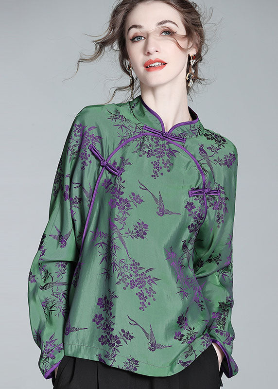 Chinese Style Green Stand Collar Patchwork Jacquard Silk Shirt Spring LC0281