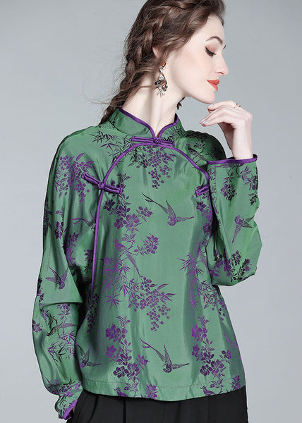 Chinese Style Green Stand Collar Patchwork Jacquard Silk Shirt Spring LC0281