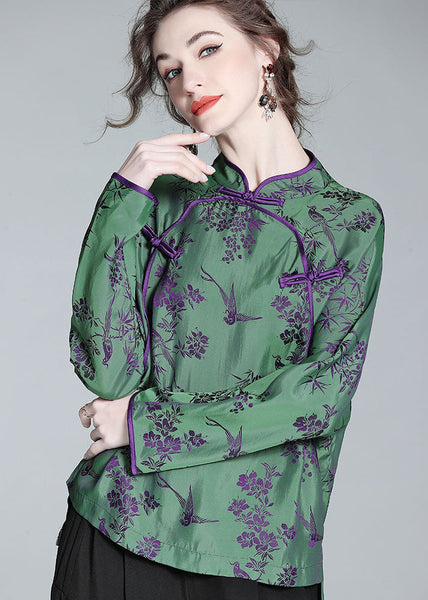 Chinese Style Green Stand Collar Patchwork Jacquard Silk Shirt Spring LC0281