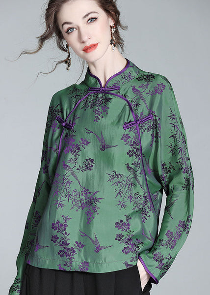 Chinese Style Green Stand Collar Patchwork Jacquard Silk Shirt Spring LC0281