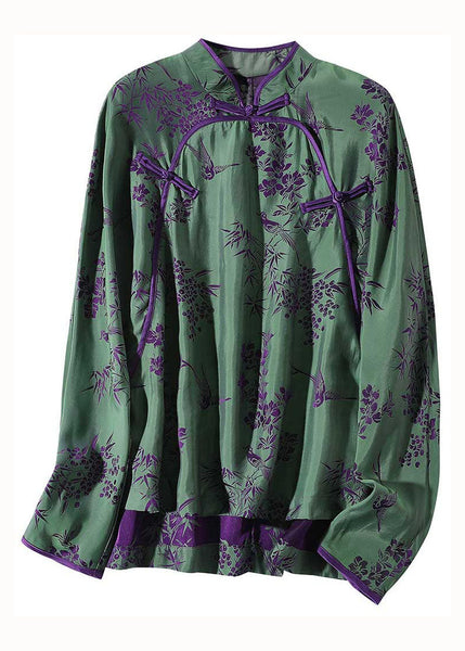 Chinese Style Green Stand Collar Patchwork Jacquard Silk Shirt Spring LC0281