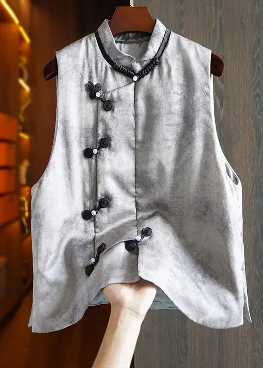 Chinese Style Grey Stand Collar Button Parka Waistcoat Sleeveless Ada Fashion