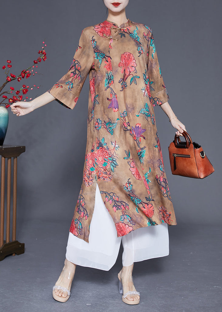 Chinese Style Khaki Print Side Open Silk Dresses Bracelet Sleeve LY1777