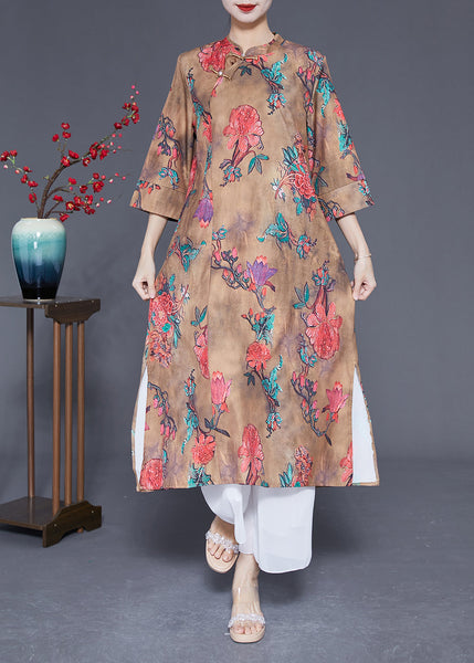 Chinese Style Khaki Print Side Open Silk Dresses Bracelet Sleeve LY1777