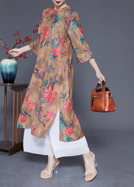Chinese Style Khaki Print Side Open Silk Dresses Bracelet Sleeve LY1777