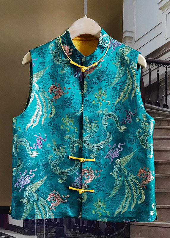 Chinese Style Peacock Blue Stand Collar Patchwork Jacquard Silk Vest Sleeveless LY1010