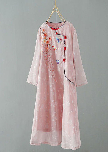 Chinese Style Pink Embroideried Patchwork Chiffon Dress Spring LY1725
