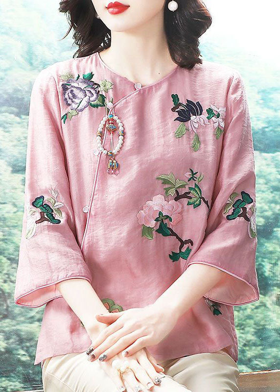 Chinese Style Pink Embroideried Patchwork Chiffon Tops Spring TP1052