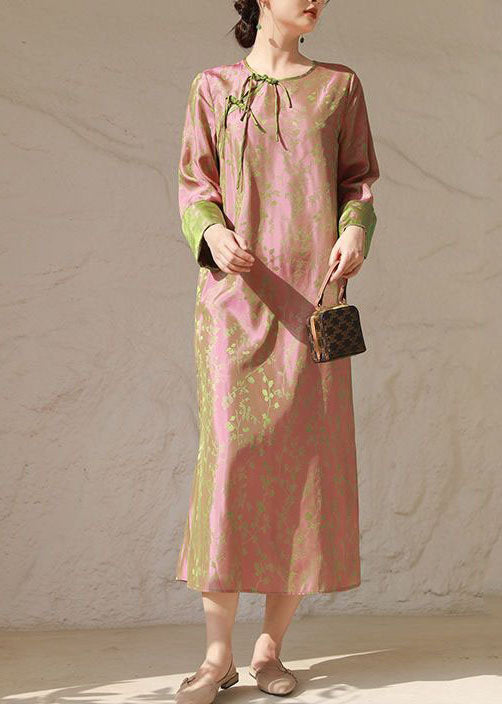 Chinese Style Pink O Neck Tasseled Patchwork Print Silk Dresses Spring LY1715