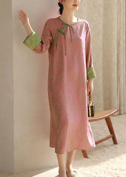 Chinese Style Pink O Neck Tasseled Patchwork Print Silk Dresses Spring LY1715