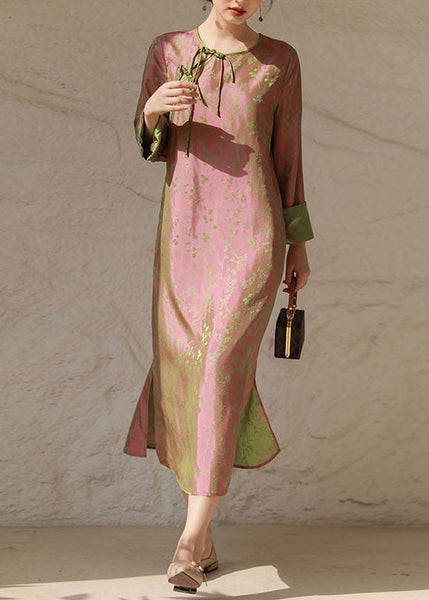 Chinese Style Pink O Neck Tasseled Patchwork Print Silk Dresses Spring LY1715