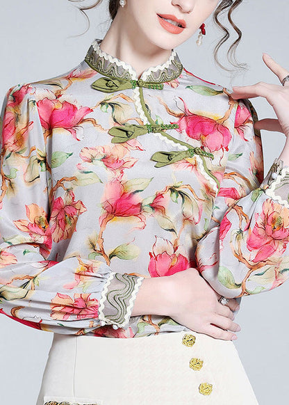 Chinese Style Stand Collar Print Button Silk Tops Long  LY0707