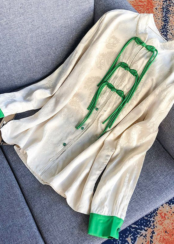 Chinese Style White Mandarin Collar Jacquard Tassel Silk Shirt Spring LY1007