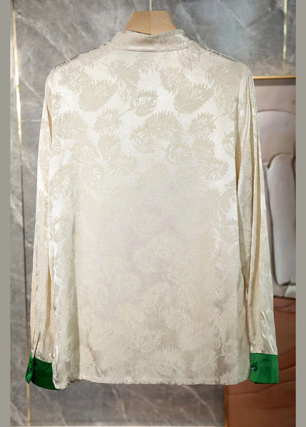 Chinese Style White Mandarin Collar Jacquard Tassel Silk Shirt Spring LY1007