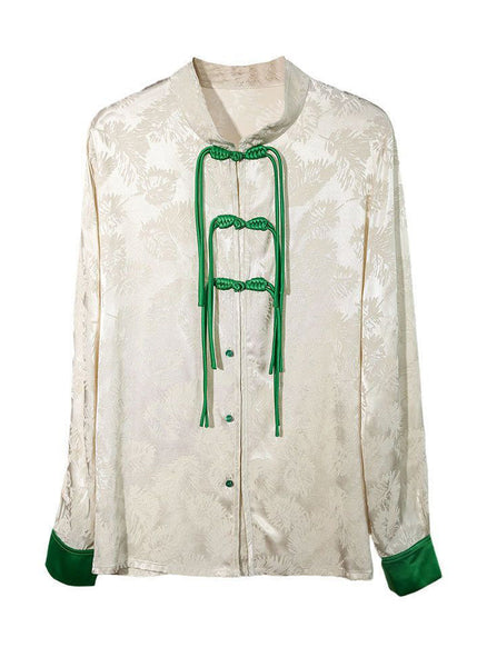 Chinese Style White Mandarin Collar Jacquard Tassel Silk Shirt Spring LY1007