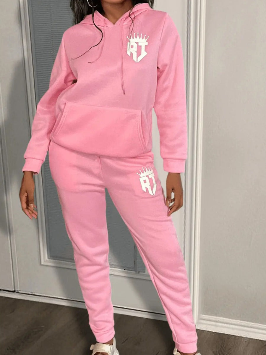 Plus Size Crown Letter Print Kangaroo Pocket Tracksuit Set AR70122