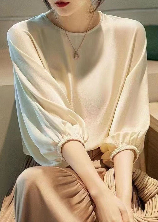 Classy Beige O Neck Patchwork Silk Shirt Top Batwing Sleeve LY0086