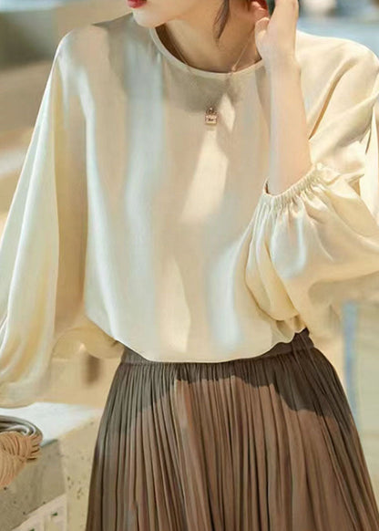 Classy Beige O Neck Patchwork Silk Shirt Top Batwing Sleeve LY0086