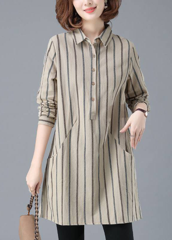 Classy Beige Peter Pan Collar Striped Button Shirt Long Sleeve HA1022