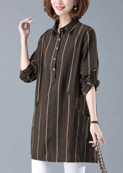 Classy Beige Peter Pan Collar Striped Button Shirt Long Sleeve HA1022