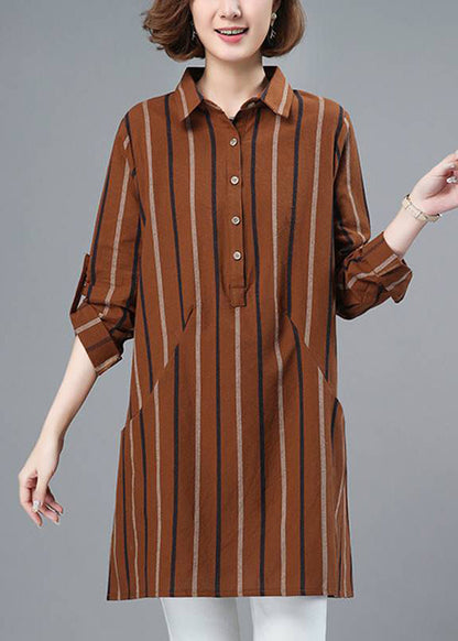 Classy Beige Peter Pan Collar Striped Button Shirt Long Sleeve HA1022