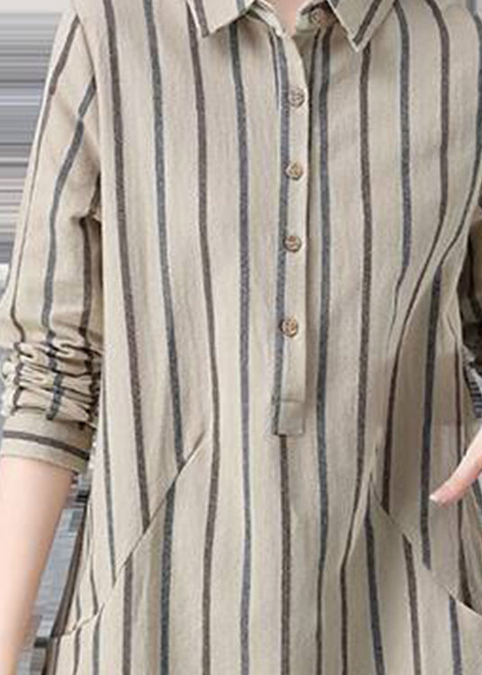 Classy Beige Peter Pan Collar Striped Button Shirt Long Sleeve HA1022