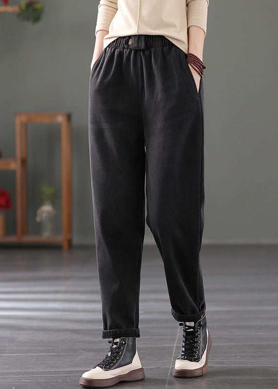 Classy Black Elastic Waist Pockets Warm Fleece Denim Pants Spring TG1021