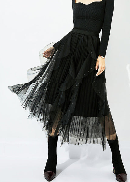 Classy Black Elastic Waist Ruffles Nail Bead Tulle Beach Skirts Summer LY0854