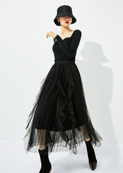 Classy Black Elastic Waist Ruffles Nail Bead Tulle Beach Skirts Summer LY0854