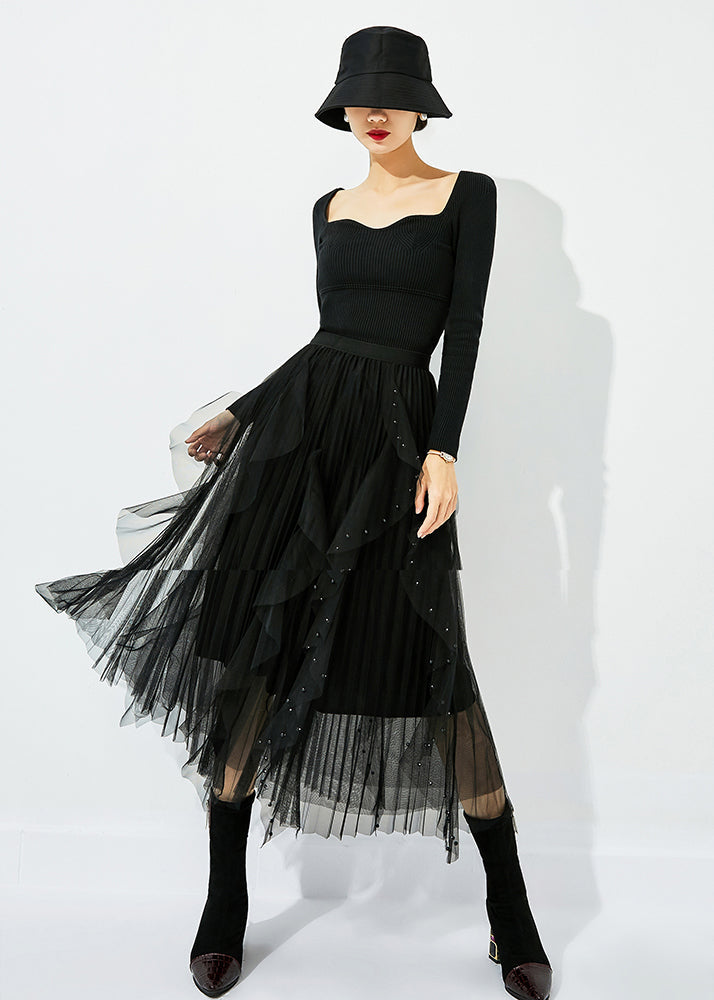 Classy Black Elastic Waist Ruffles Nail Bead Tulle Beach Skirts Summer LY0854