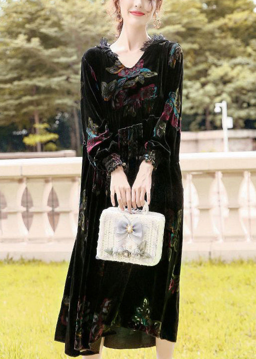 Classy Black Hooded Print Silk Velour Party Dress Spring LY0733