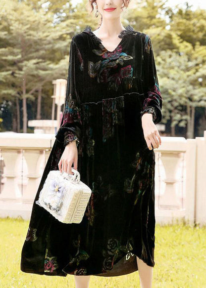 Classy Black Hooded Print Silk Velour Party Dress Spring LY0733