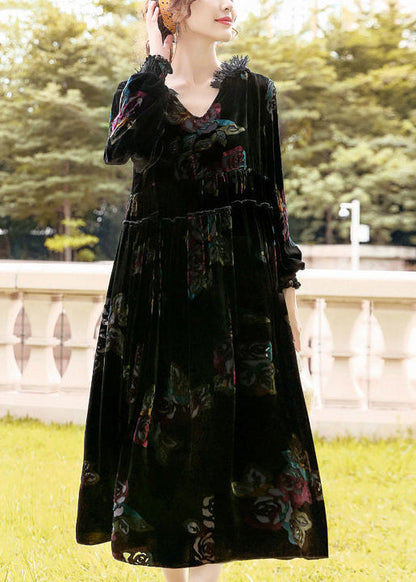 Classy Black Hooded Print Silk Velour Party Dress Spring LY0733