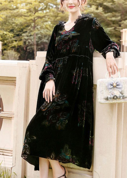 Classy Black Hooded Print Silk Velour Party Dress Spring LY0733