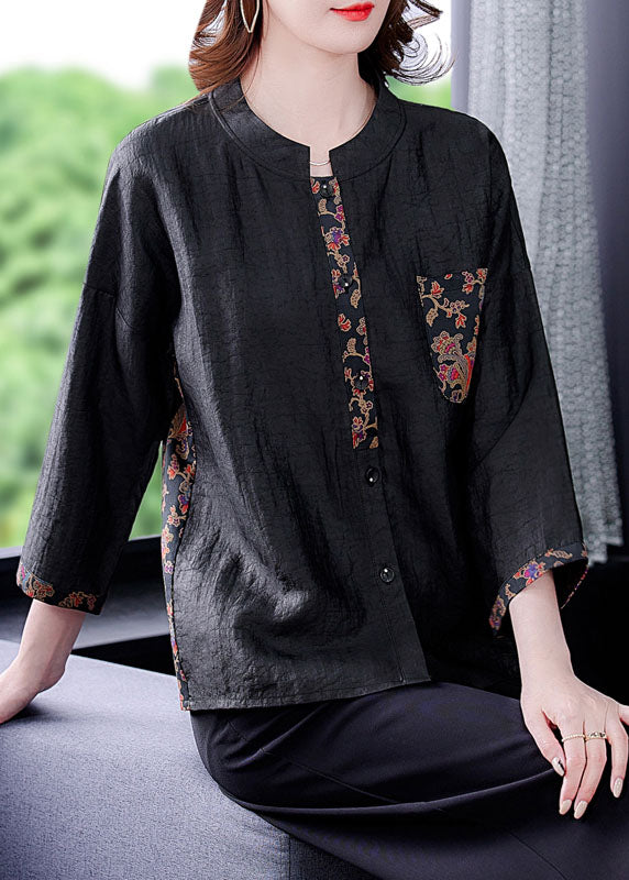 Classy Black O-Neck Print Patchwork Silk Shirt Spring LC0283