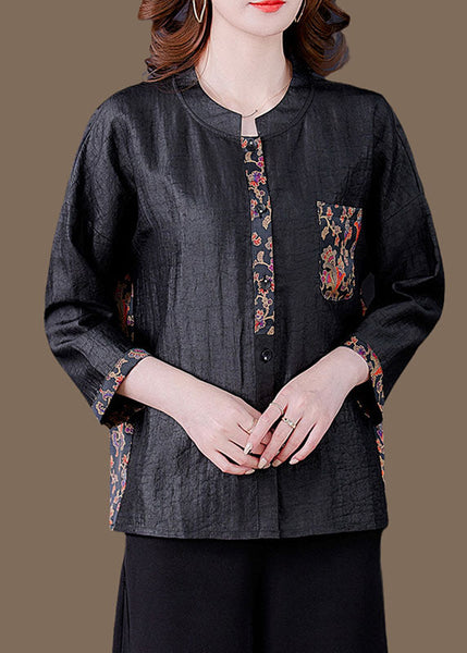 Classy Black O-Neck Print Patchwork Silk Shirt Spring LC0283