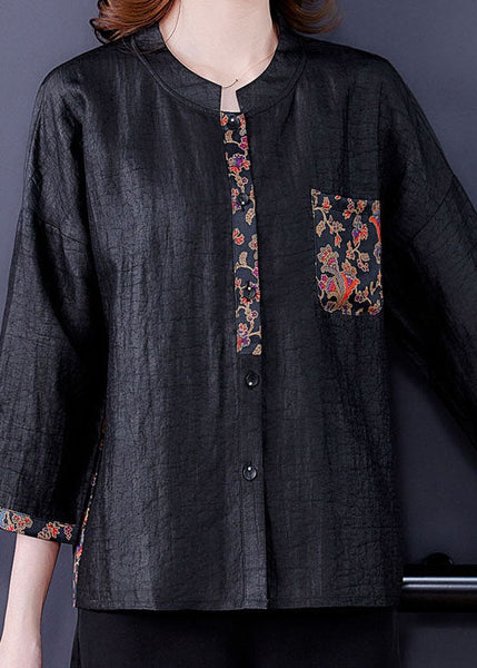Classy Black O-Neck Print Patchwork Silk Shirt Spring LC0283