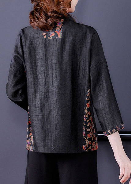Classy Black O-Neck Print Patchwork Silk Shirt Spring LC0283