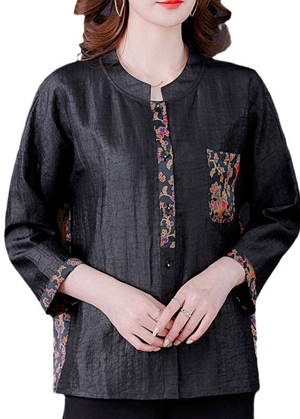 Classy Black O-Neck Print Patchwork Silk Shirt Spring LC0283