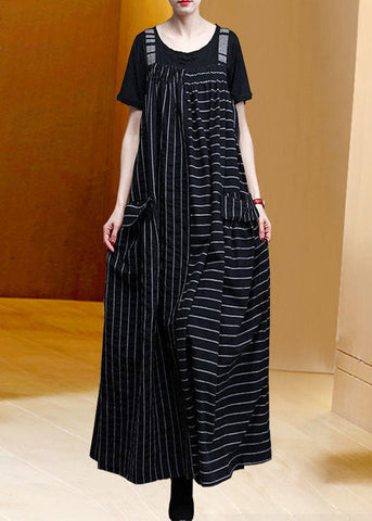 Classy Black Oversized Patchwork Striped Pockets Linen Strap Dress Spring AC2006