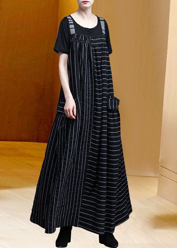 Classy Black Oversized Patchwork Striped Pockets Linen Strap Dress Spring AC2006