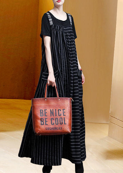 Classy Black Oversized Patchwork Striped Pockets Linen Strap Dress Spring AC2006