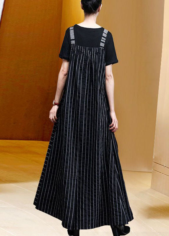 Classy Black Oversized Patchwork Striped Pockets Linen Strap Dress Spring AC2006