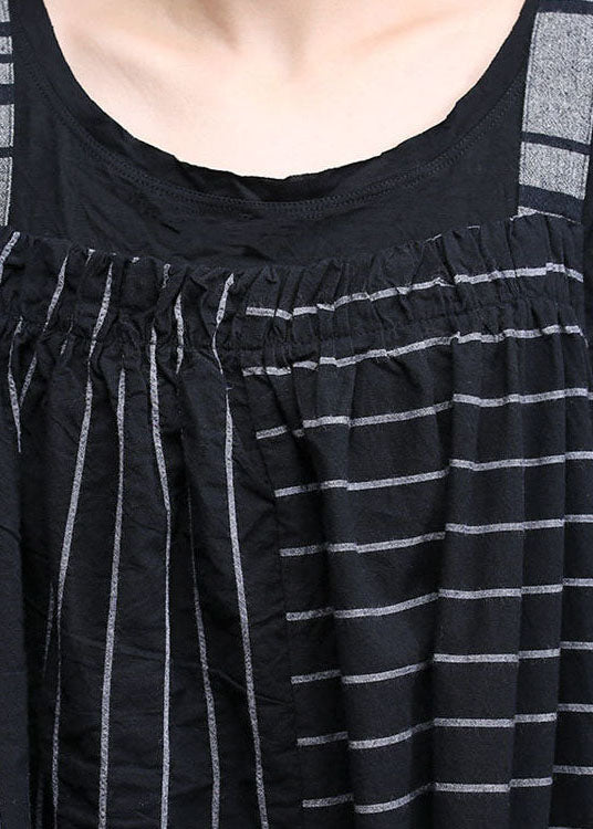 Classy Black Oversized Patchwork Striped Pockets Linen Strap Dress Spring AC2006