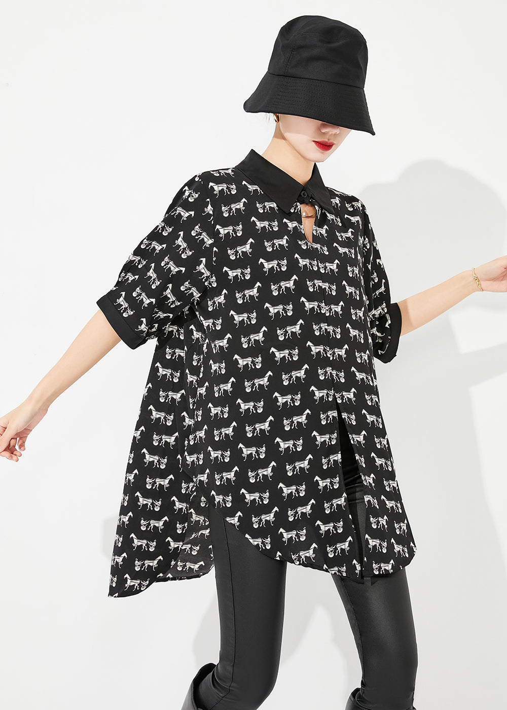 Classy Black Oversized Print Low High Design Chiffon Long Shirt Half Sleeve LY0824