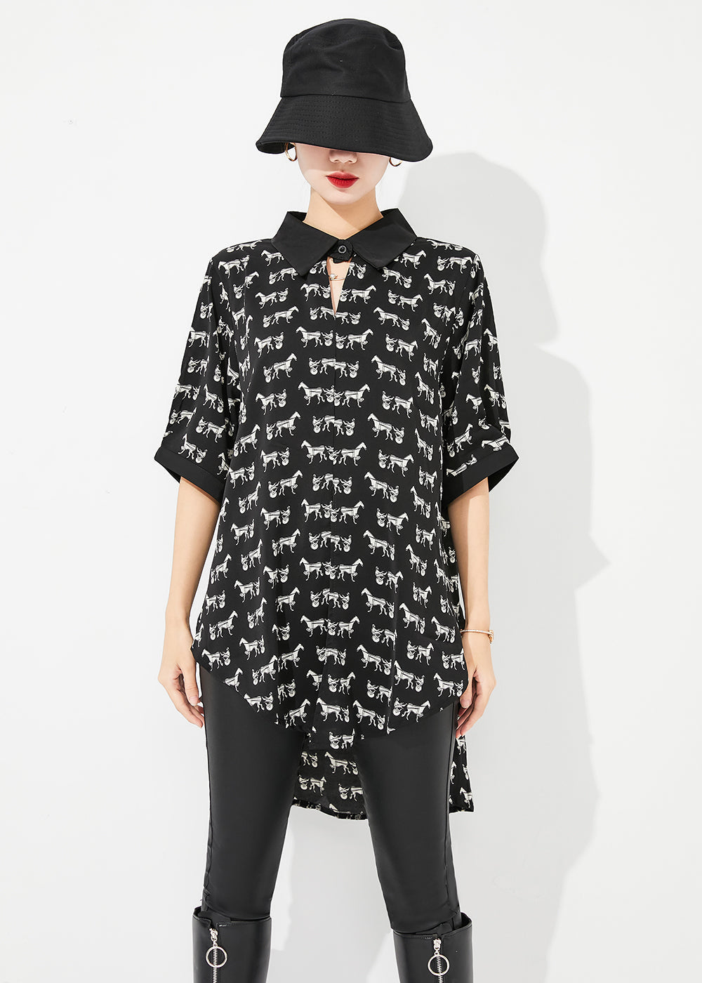 Classy Black Oversized Print Low High Design Chiffon Long Shirt Half Sleeve LY0824