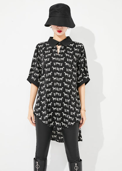 Classy Black Oversized Print Low High Design Chiffon Long Shirt Half Sleeve LY0824
